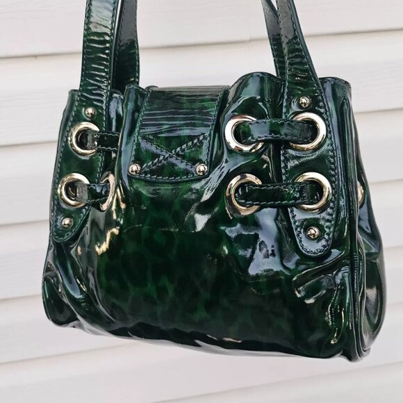 Jimmy Choo Shoulder Bag Roquette Bag Green Leopard Print Patent Leather Italy - Picture 13 of 14